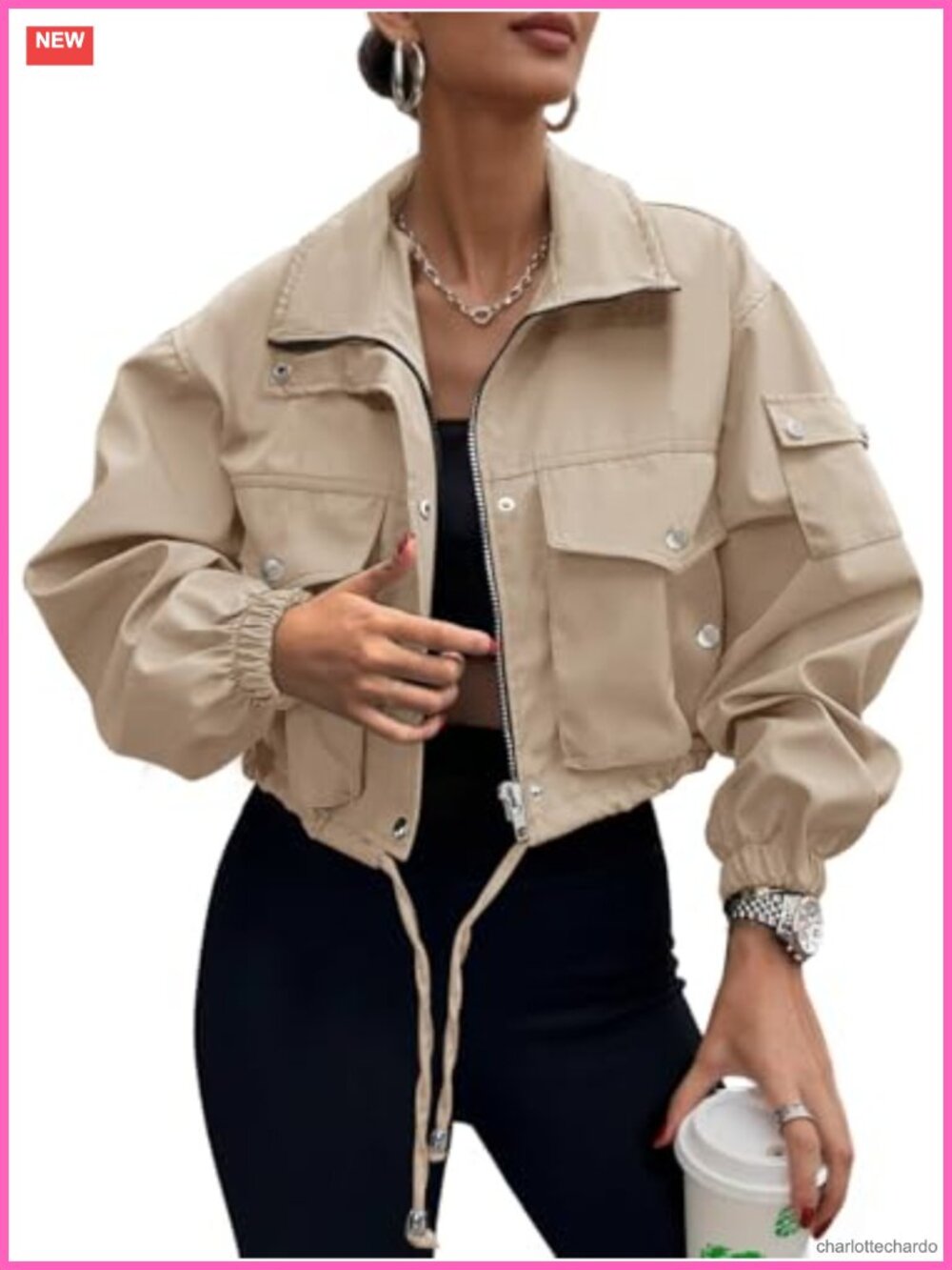 Women's Cropped Cargo Bomber Jacket - Lightweight Polyester Water Resistant Zip